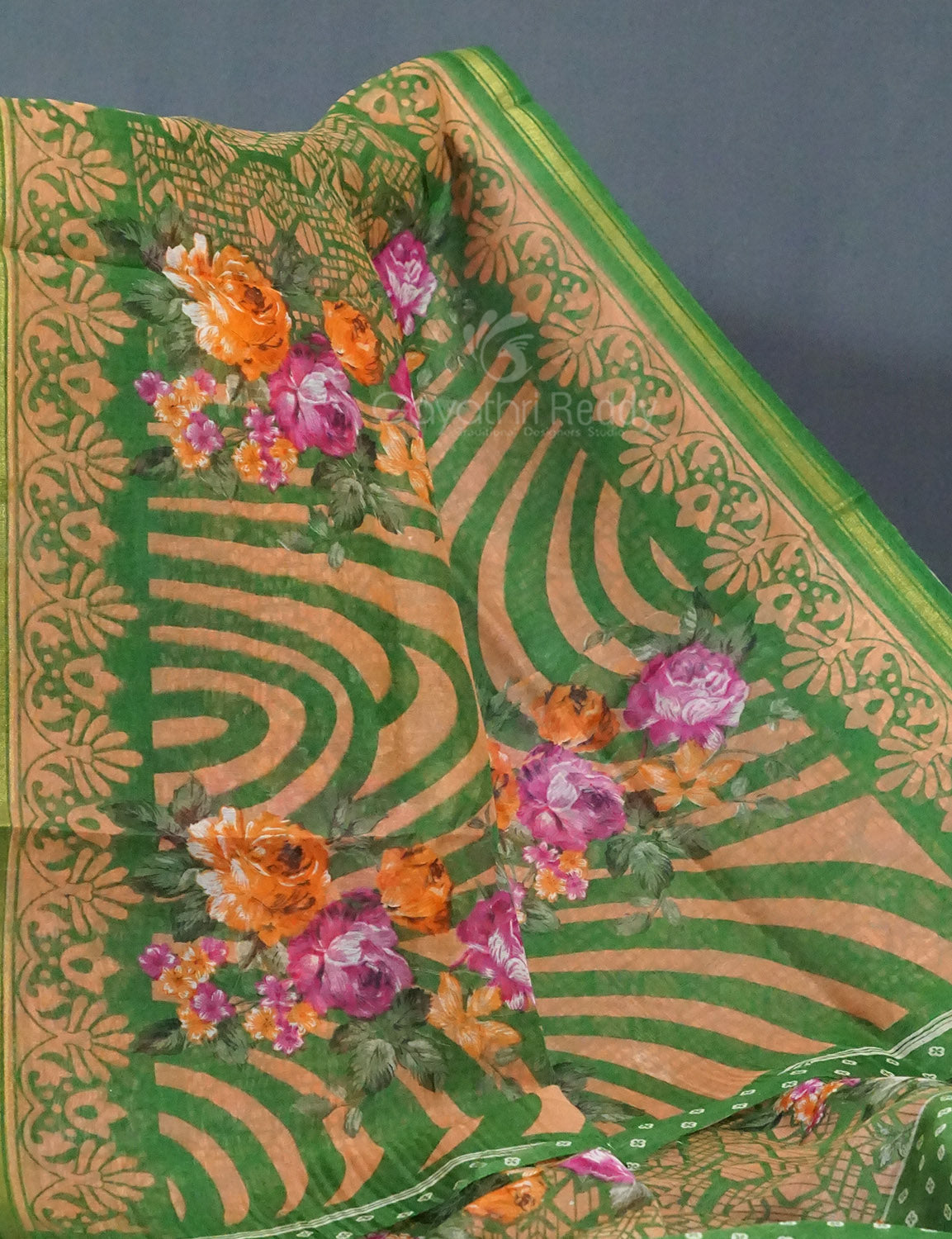 Shades of Parrot Green Colour Floral Design Semi Chanderi Saree By Gayathri Reddy Designer Studio