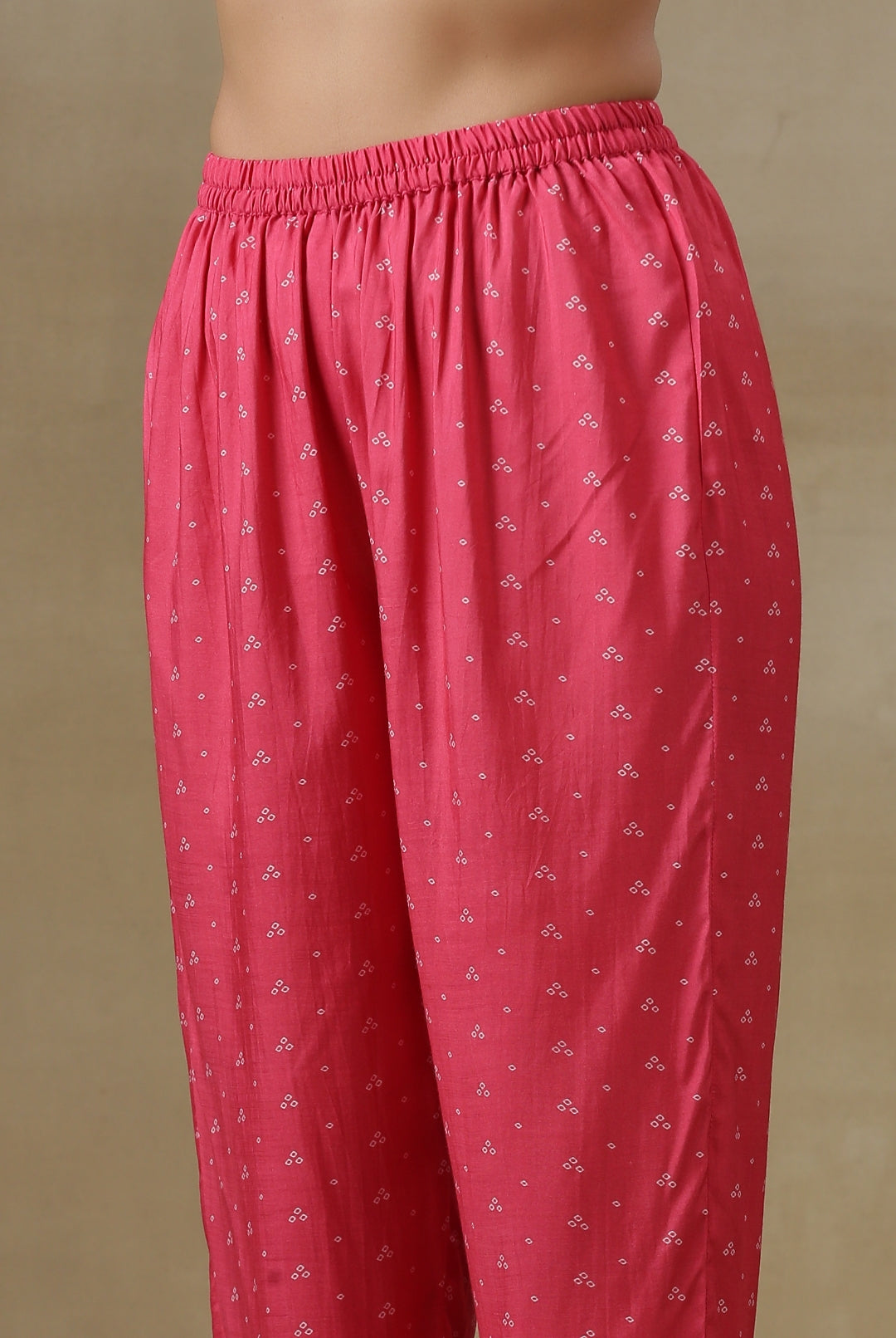 trueBrowns Pink Bandhani Printed Silk Gathered Sleeve Co-Ord Set