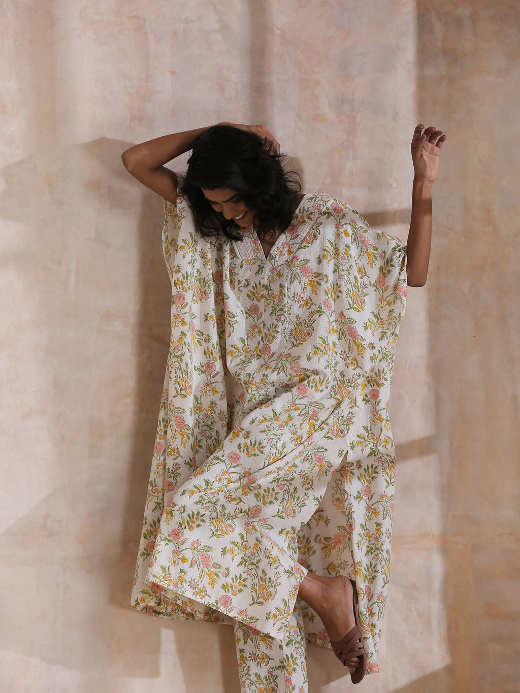 trueBrowns Pink Yellow Floral On White Block Print Cotton Panel Kaftan Kurta Pant Set