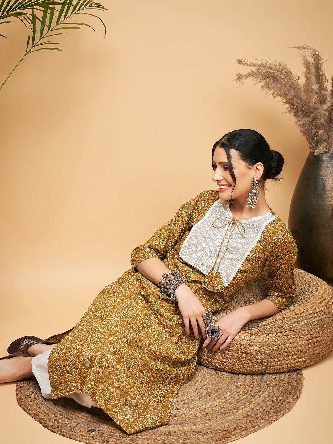 InWeave Women's Olive Ajrakh Print Cotton Patch Work Straight Kurta Pant Set