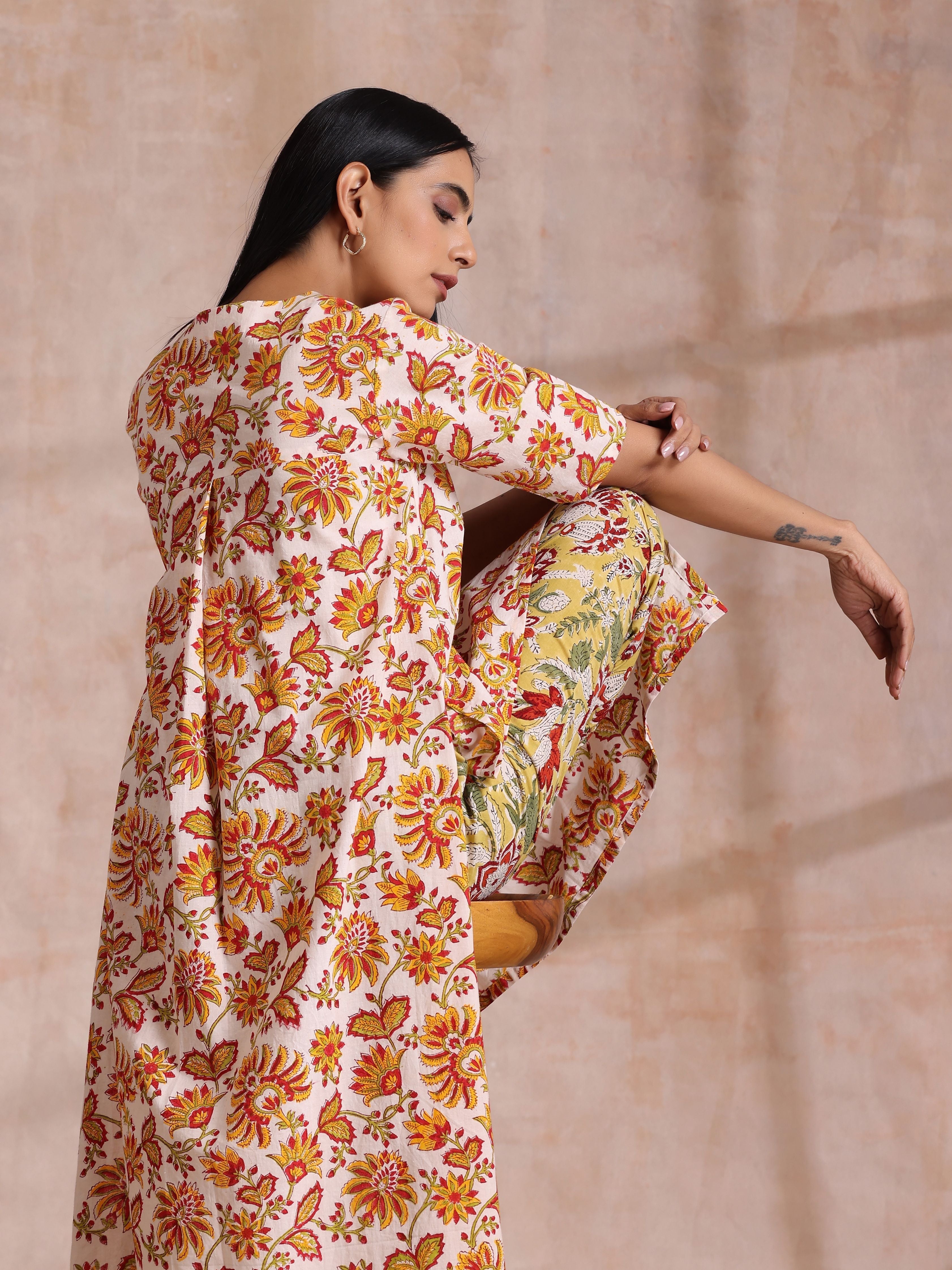 trueBrowns Red Overall Floral On White Cotton Block Print Kurta Pant Set