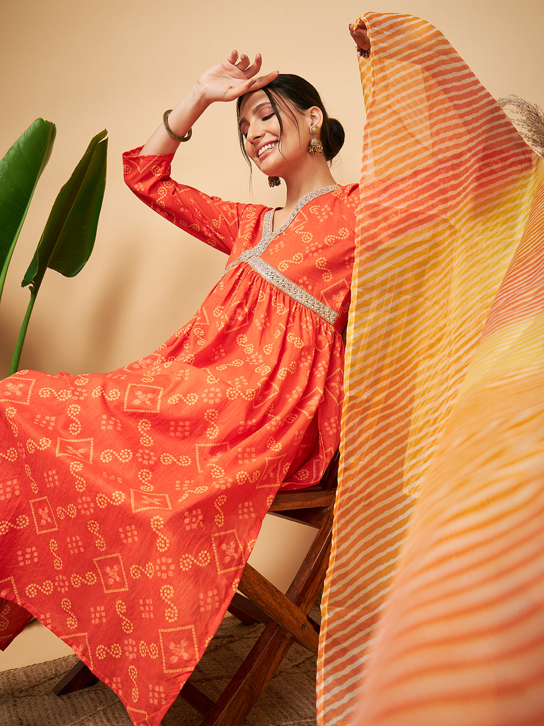 InWeave Women's Orange S Print Alia Cut Gota Work Kurta Set W Mustard Le Du