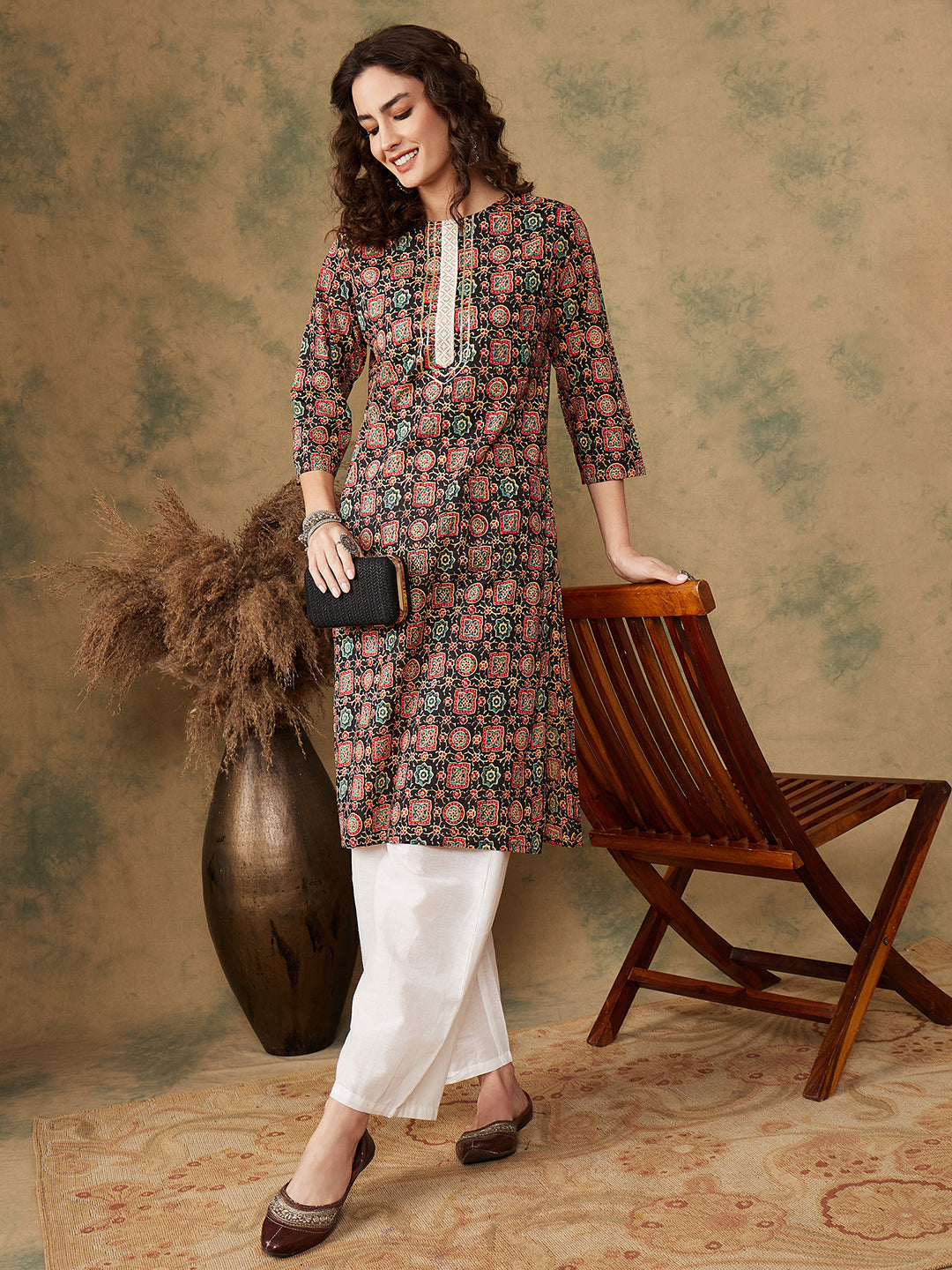 InWeave Women's Black Maroon Print Lace Gota Work Straight Kurta