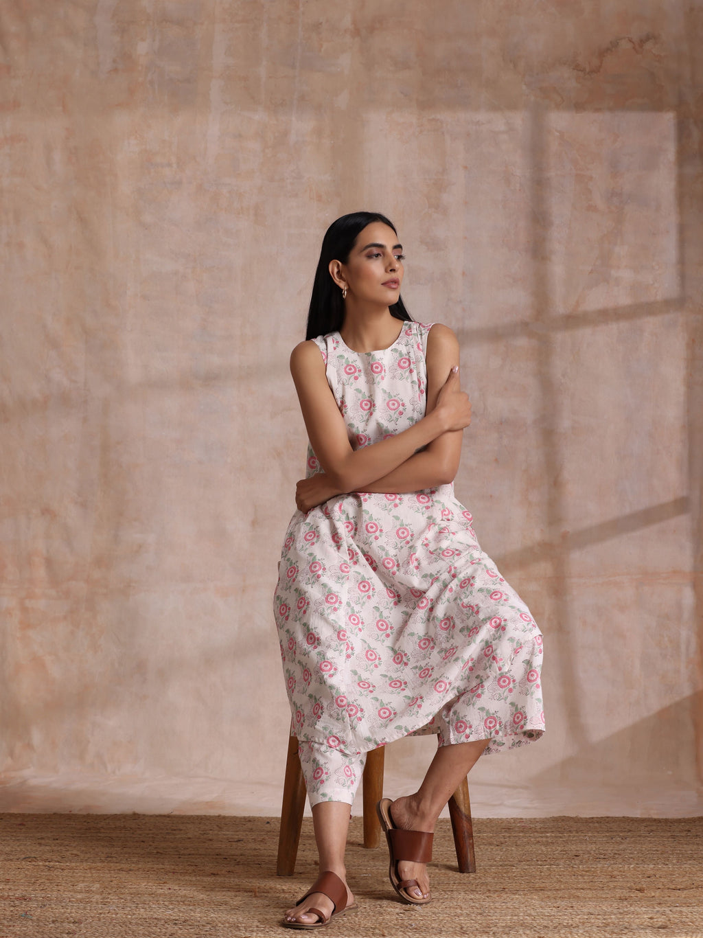 trueBrowns Pink Green Buta On White Block Print Cotton High-Low Co-Ord Set