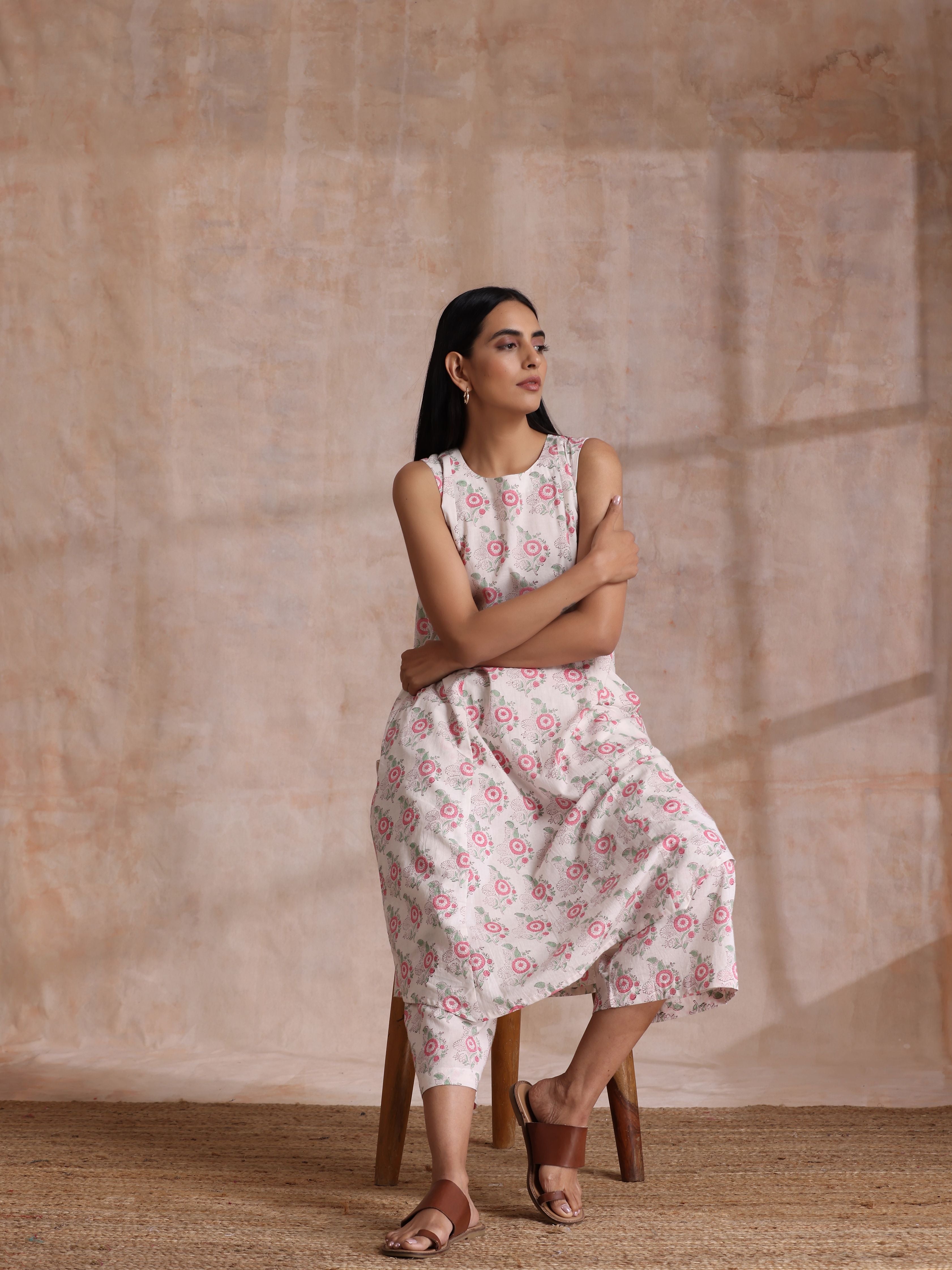 trueBrowns Pink Green Buta On White Block Print Cotton High-Low Co-Ord Set