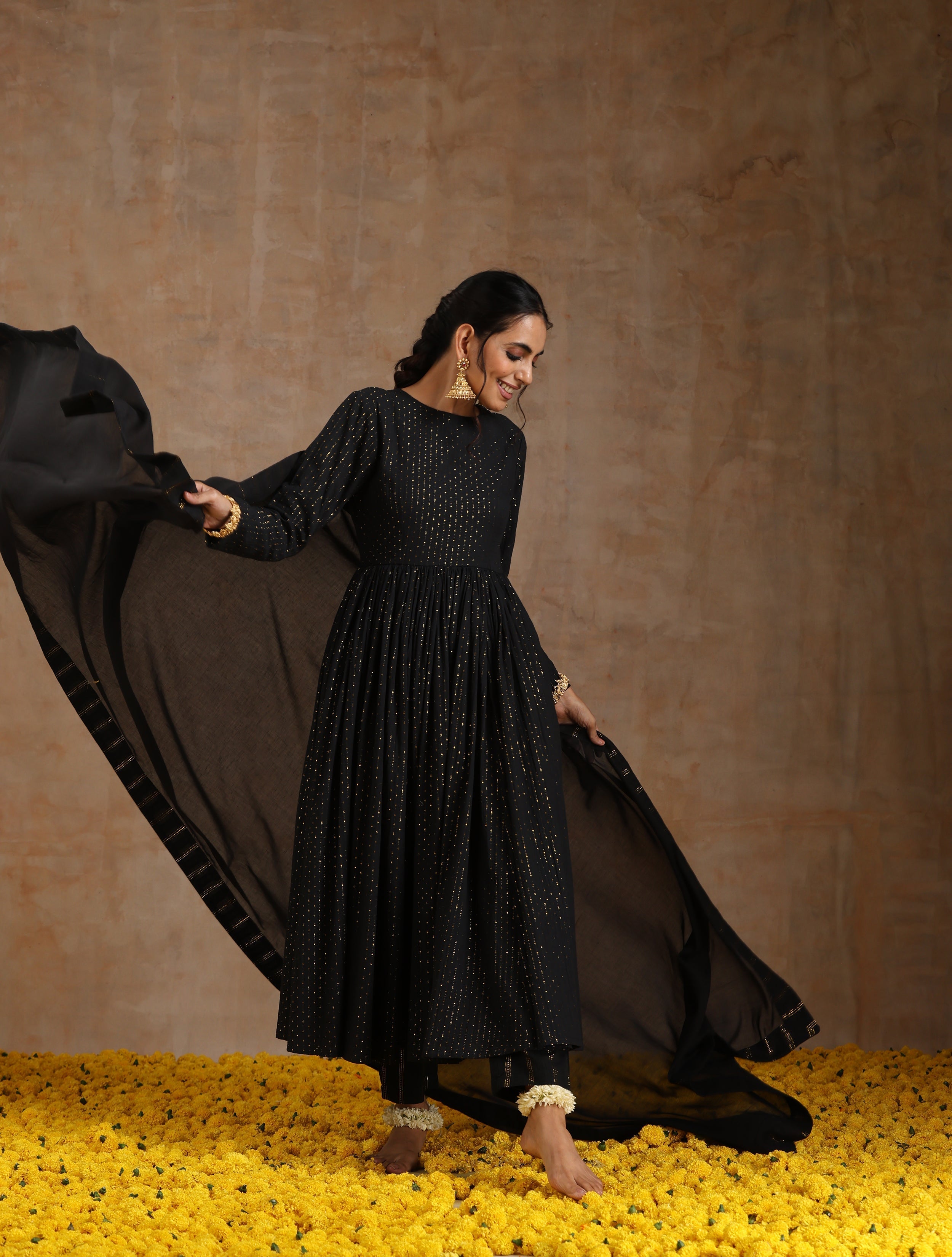 trueBrowns Black Gold Cotton Anarkali Set