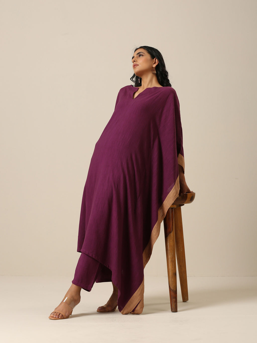 trueBrowns Plum Purple Slub Texture High Low Kaftan Pant Set