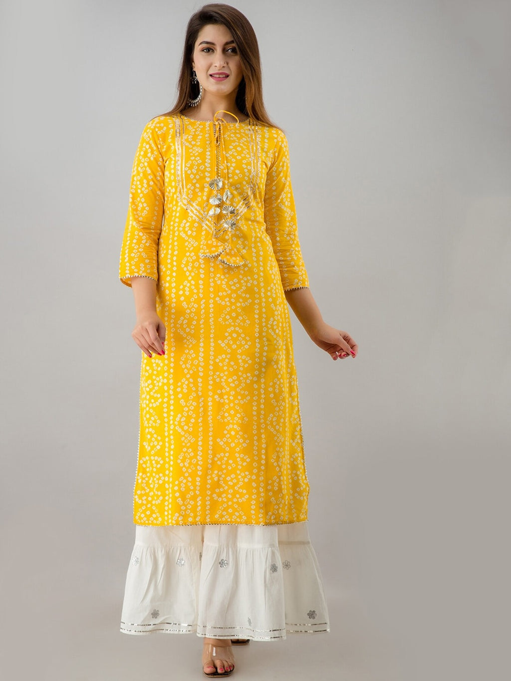 HERE&NOW Yellow & White Bandhani Printed Gotta Patti Kurta with Sharara