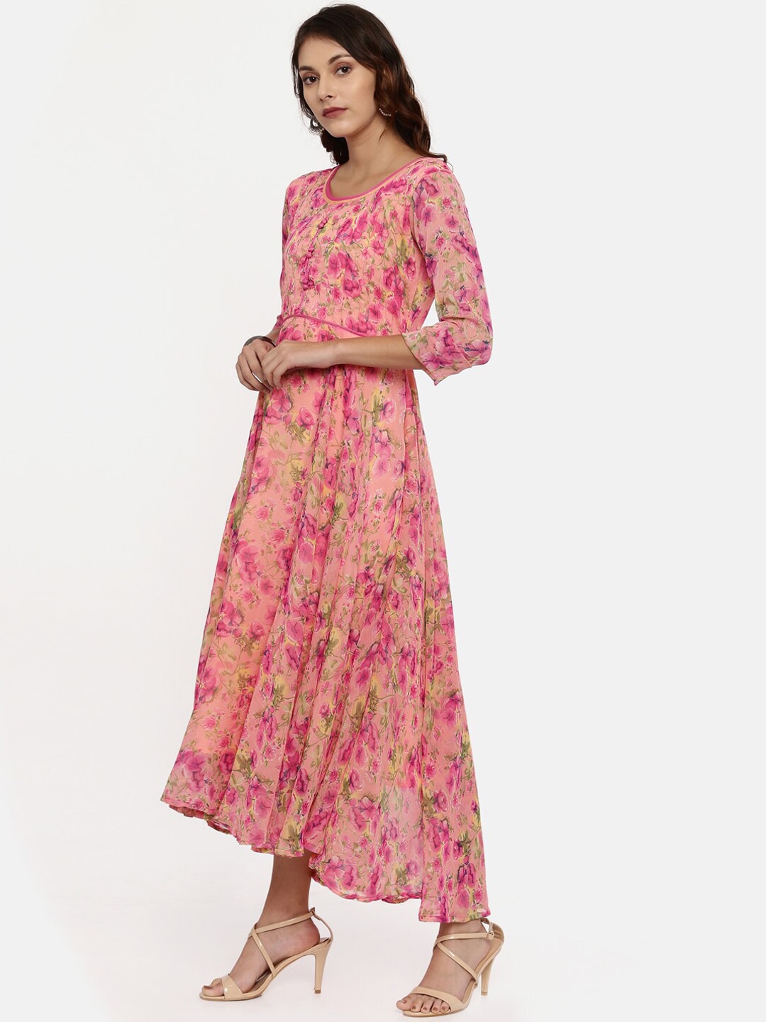 Souchii Pink & Yellow Floral Printed Fit & Flare Dress
