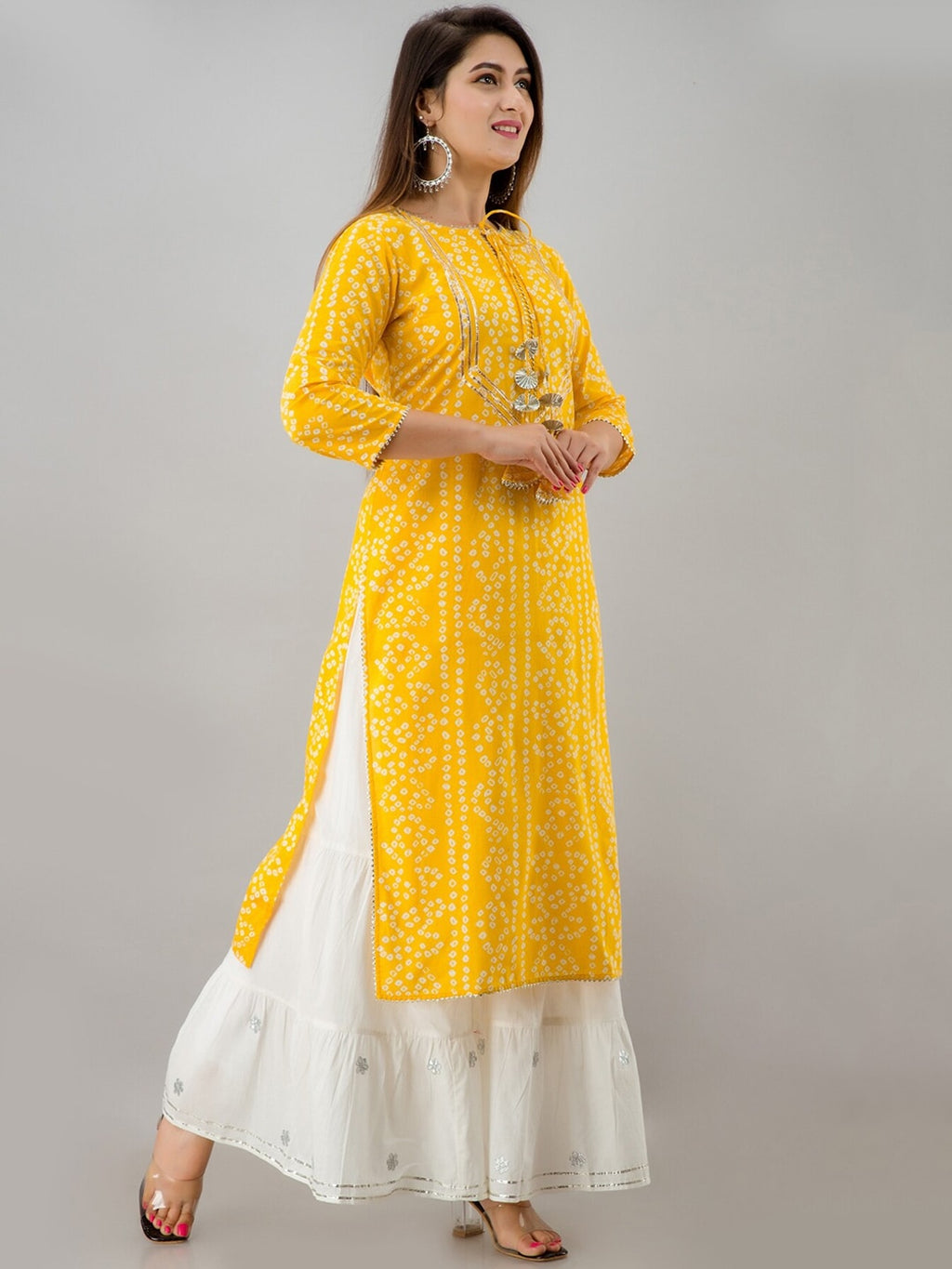 HERE&NOW Yellow & White Bandhani Printed Gotta Patti Kurta with Sharara