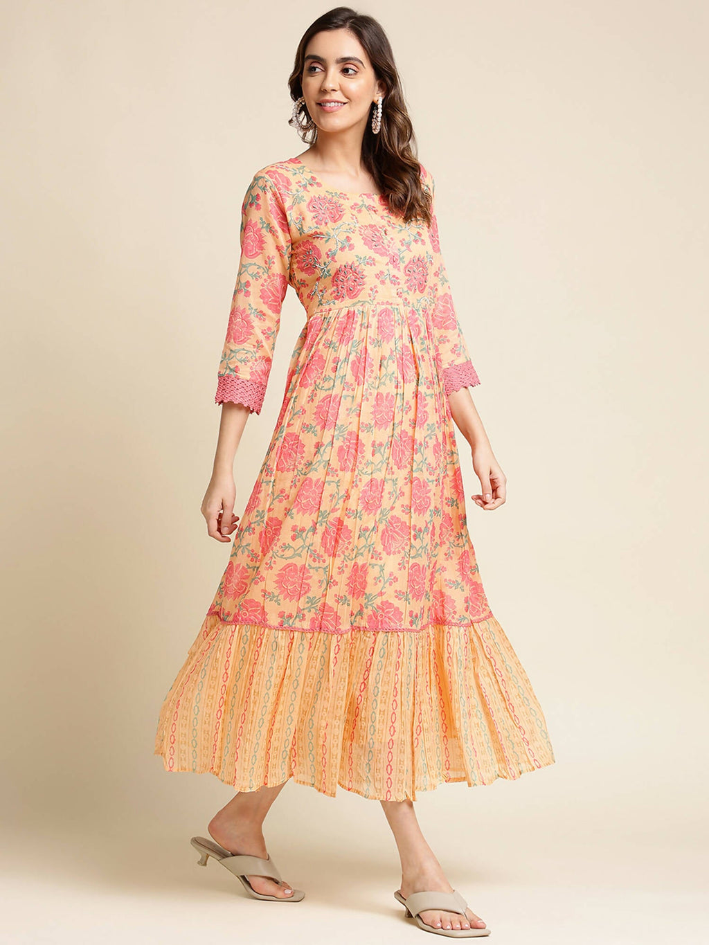 Peach Cotton Floral Printed Fit & Flare Dress - Yukti