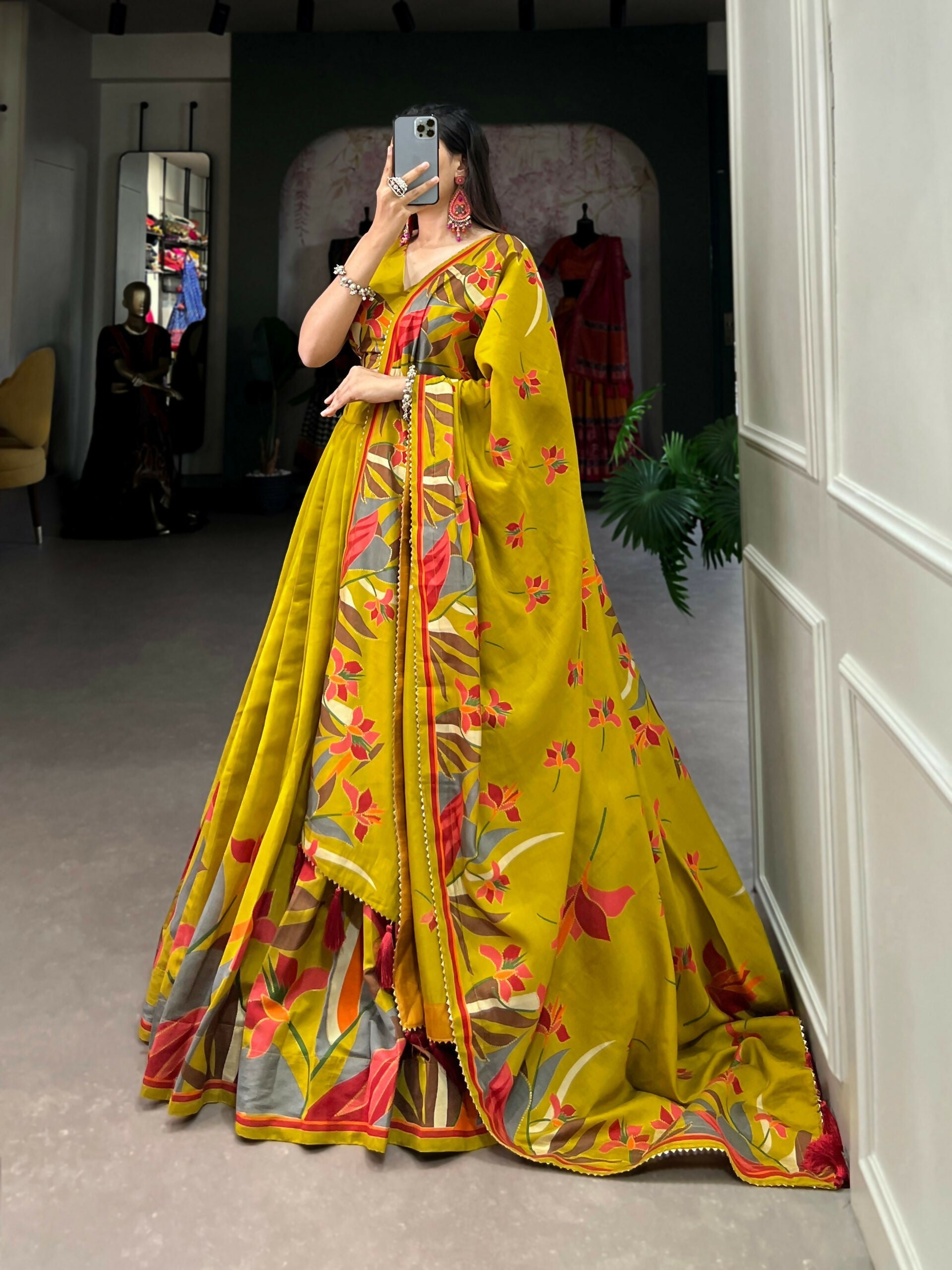 Vastranavya Fancy Floral Print With Foil Work Polyester Viscose Chanderi Lehenga Choli - Mustard