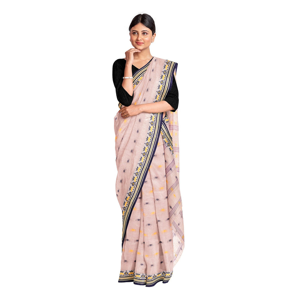 Exclusive Collection 100% Pure Cotton Cream Tant Saree With Hand Weaving Work