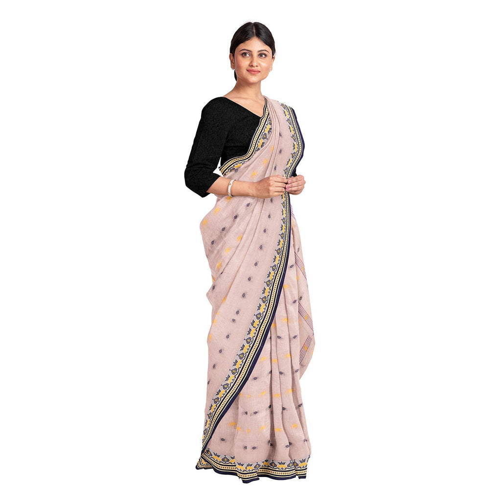 Exclusive Collection 100% Pure Cotton Cream Tant Saree With Hand Weaving Work