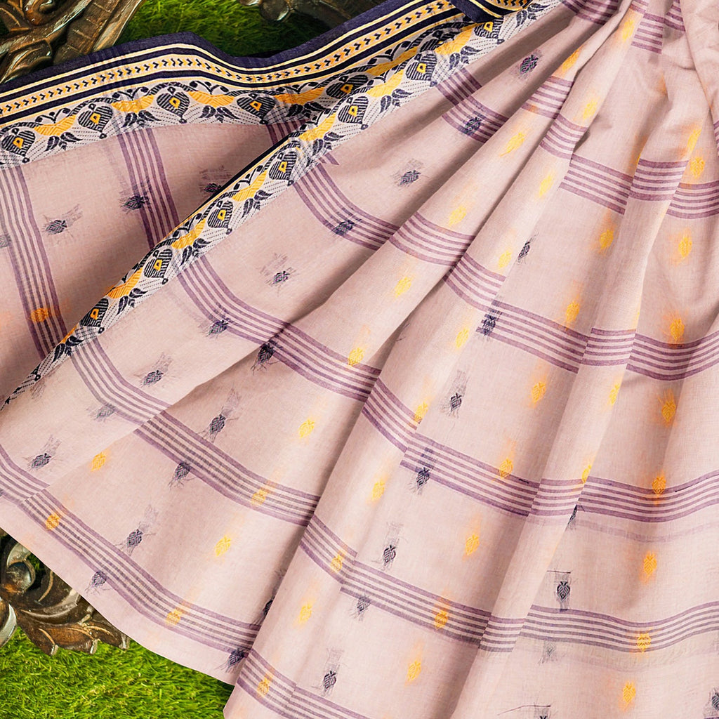 Exclusive Collection 100% Pure Cotton Cream Tant Saree With Hand Weaving Work
