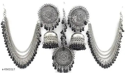 Tehzeeb Creations Women's Silver And Black Colour Oxidised Earrings With Tikka