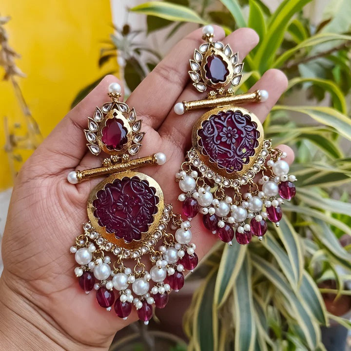 Tehzeeb Creations Latest Gold Polish Kundan & Pearl Studded Designer Drop Long Earrings For Women And Girls Maroon