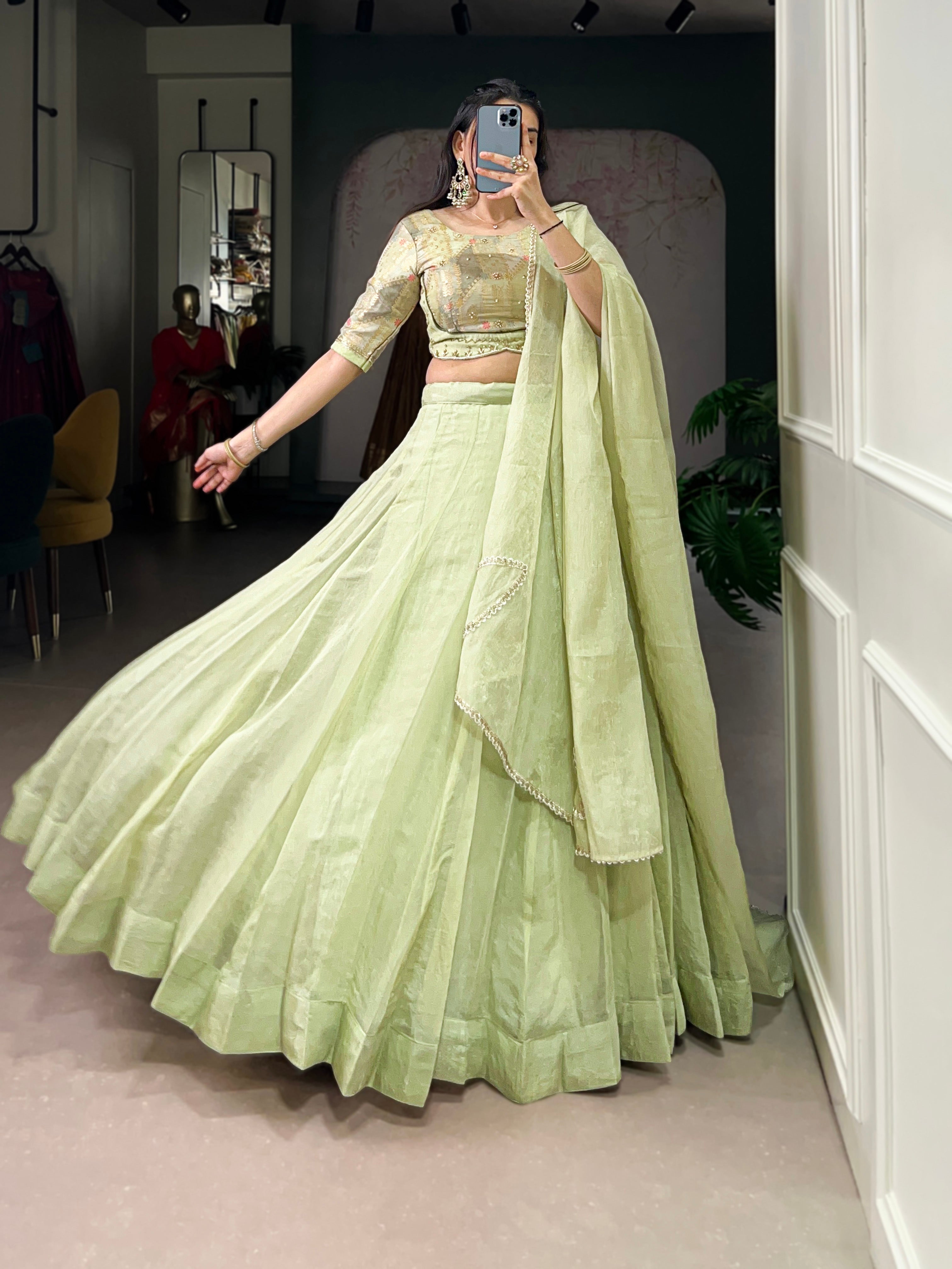 Lorenvalley Fashion Pista Crush Silk Plain Lehenga Choli with Dupatta