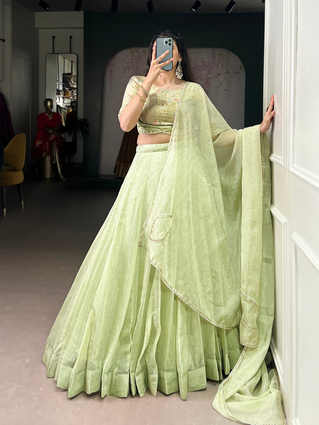 Lorenvalley Fashion Pista Crush Silk Plain Lehenga Choli with Dupatta