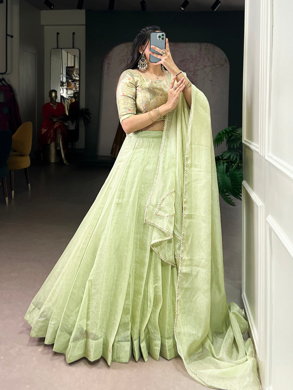 Lorenvalley Fashion Pista Crush Silk Plain Lehenga Choli with Dupatta