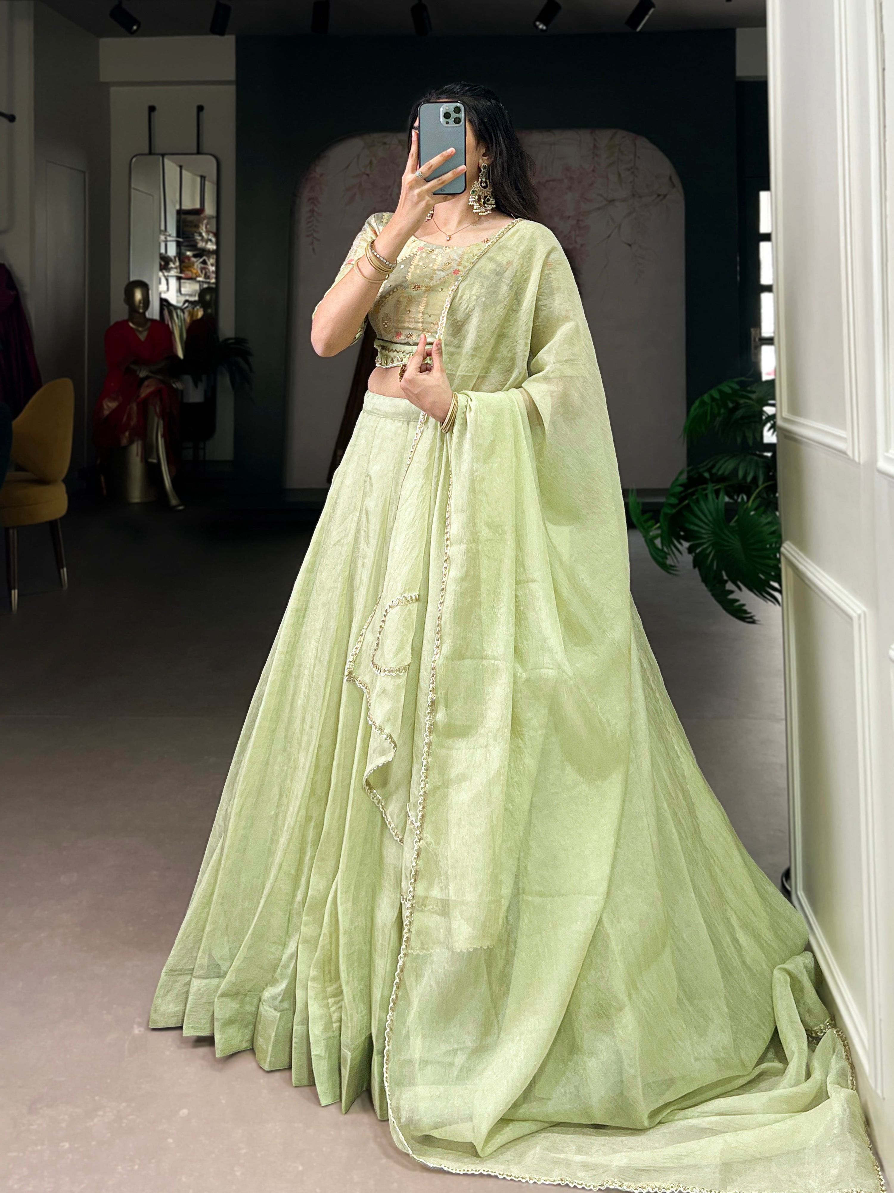 Lorenvalley Fashion Pista Crush Silk Plain Lehenga Choli with Dupatta