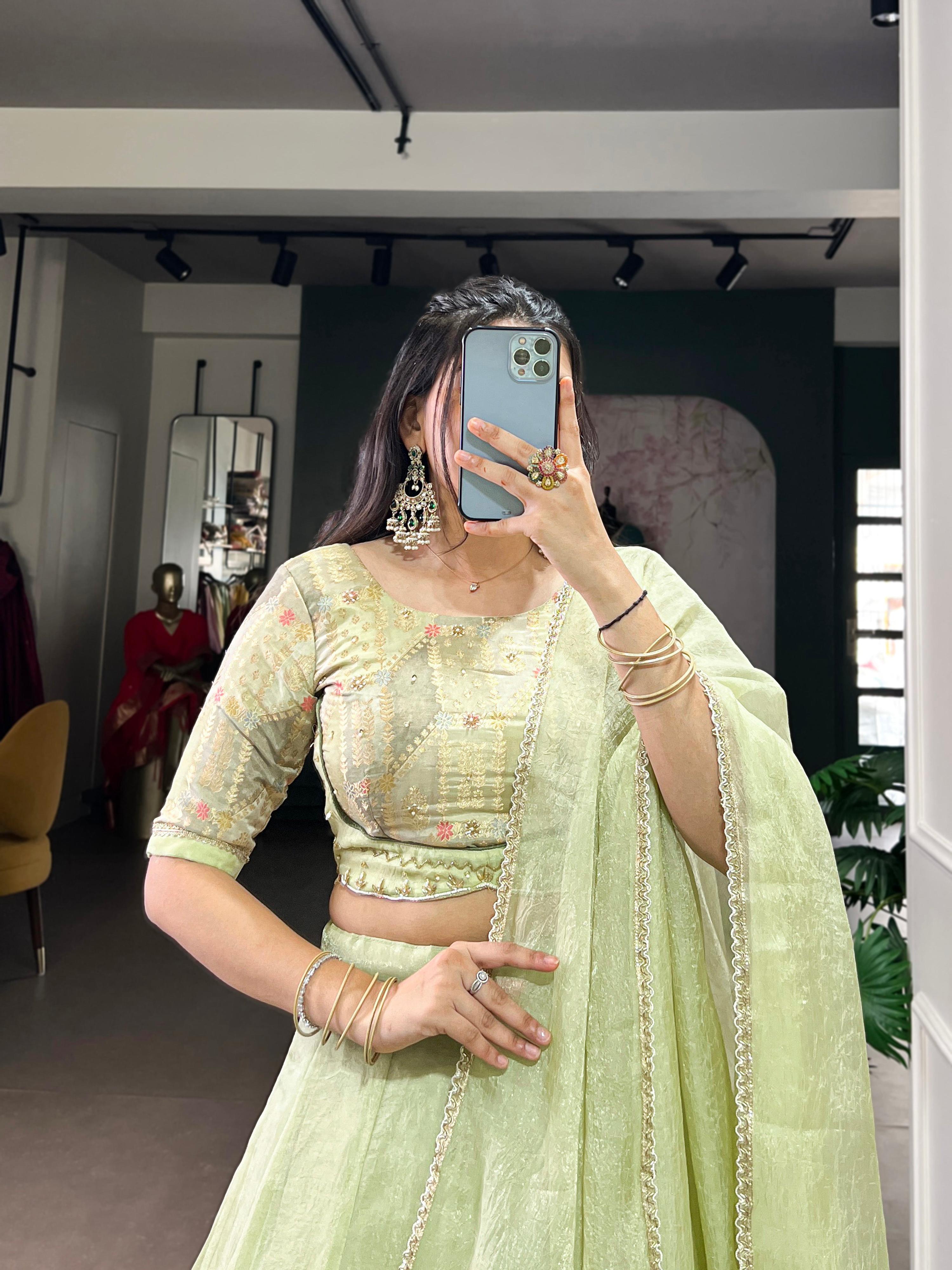 Lorenvalley Fashion Pista Crush Silk Plain Lehenga Choli with Dupatta