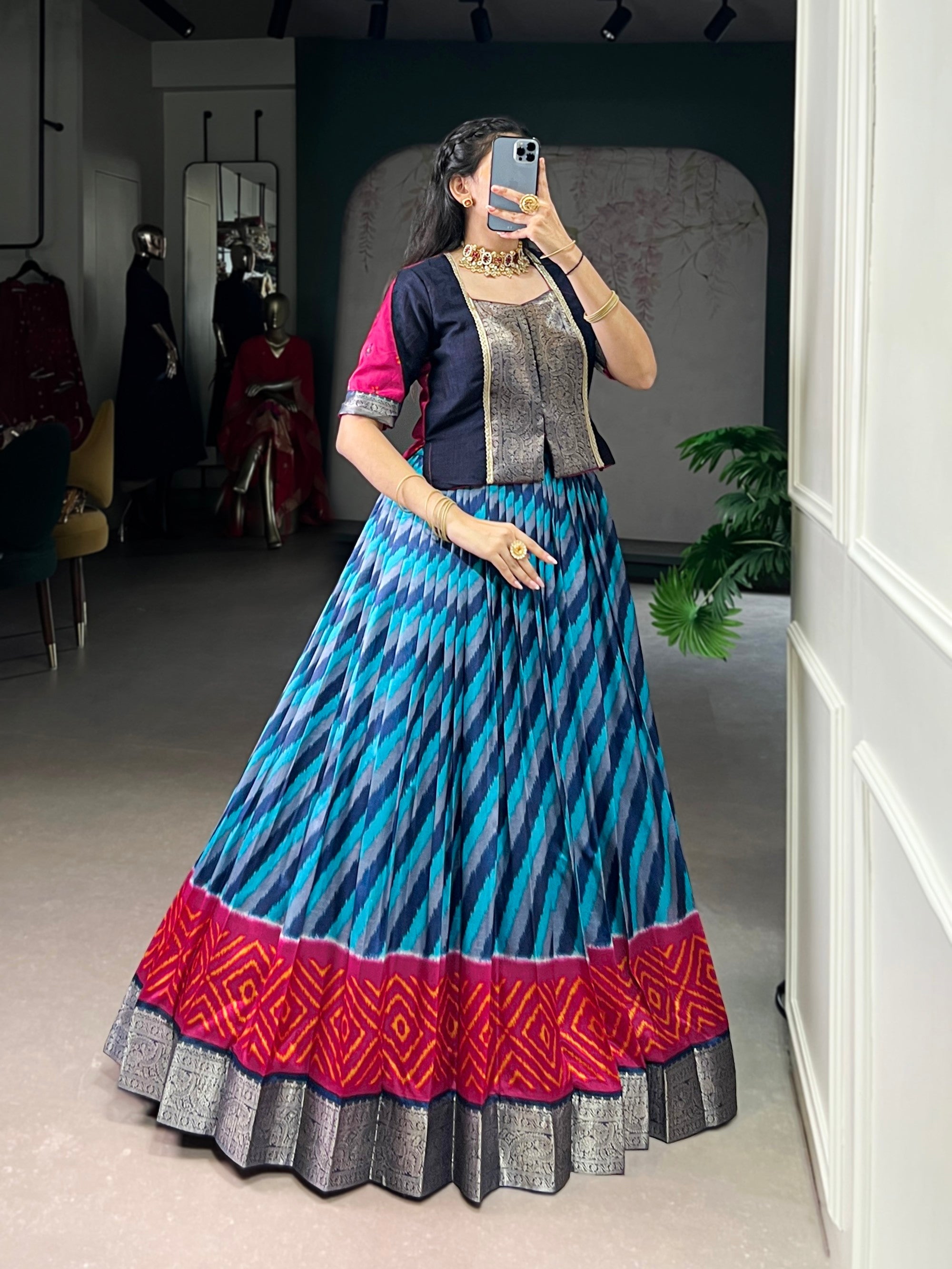 Lorenvalley Fashion Firozi Tasar Silk Leheriya Print With Zari Weaving Work Lehenga Choli
