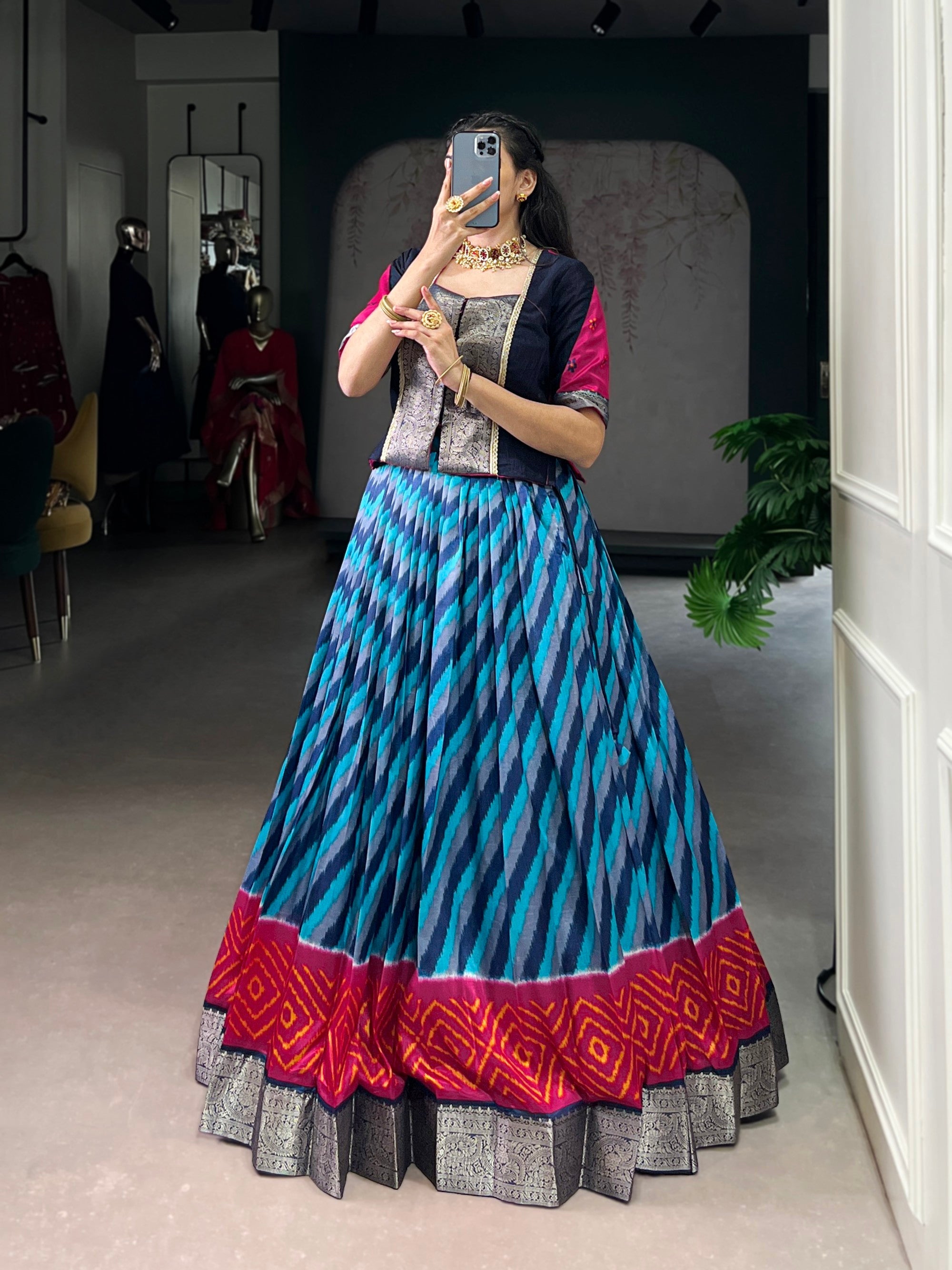 Lorenvalley Fashion Firozi Tasar Silk Leheriya Print With Zari Weaving Work Lehenga Choli