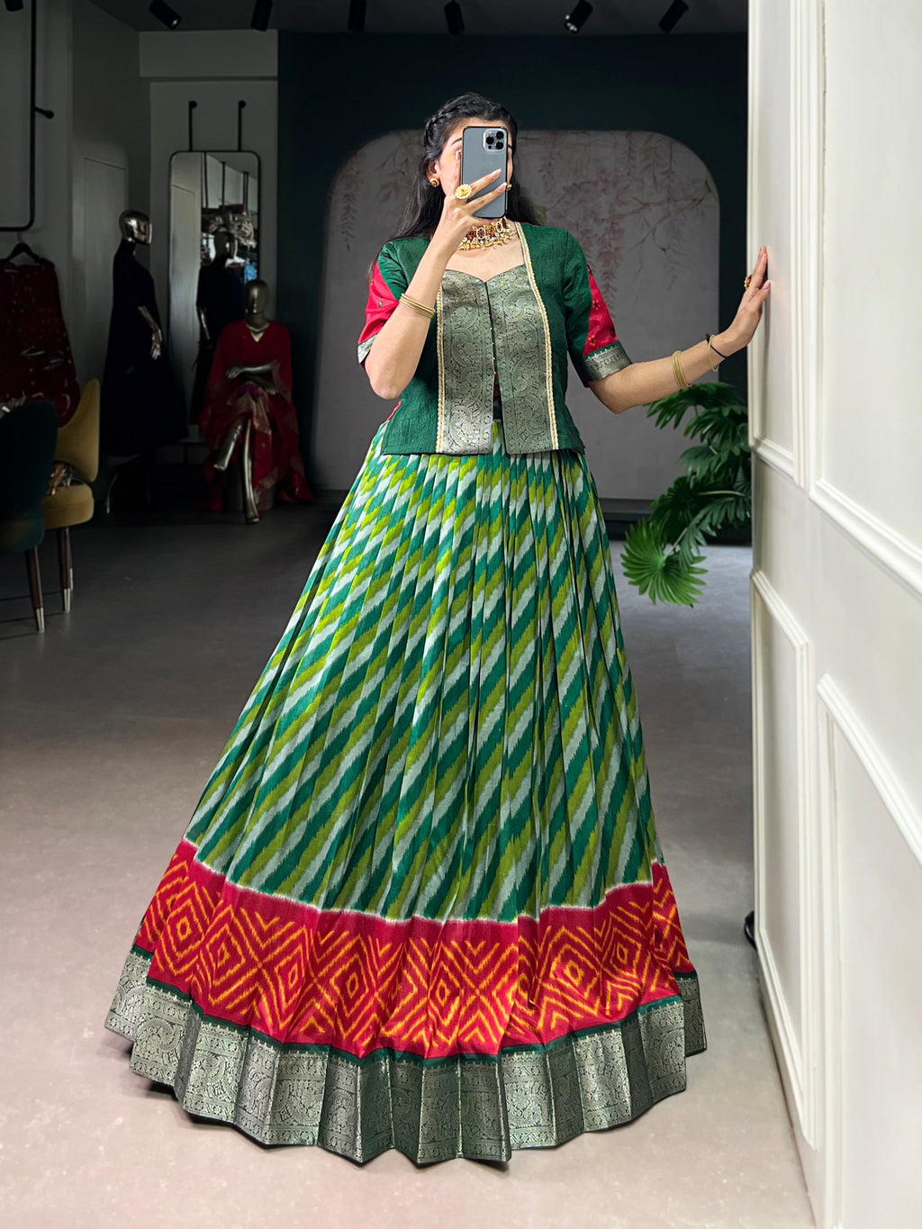 Lorenvalley Fashion Green Tasar Silk Leheriya Print With Zari Weaving Work Lehenga Choli