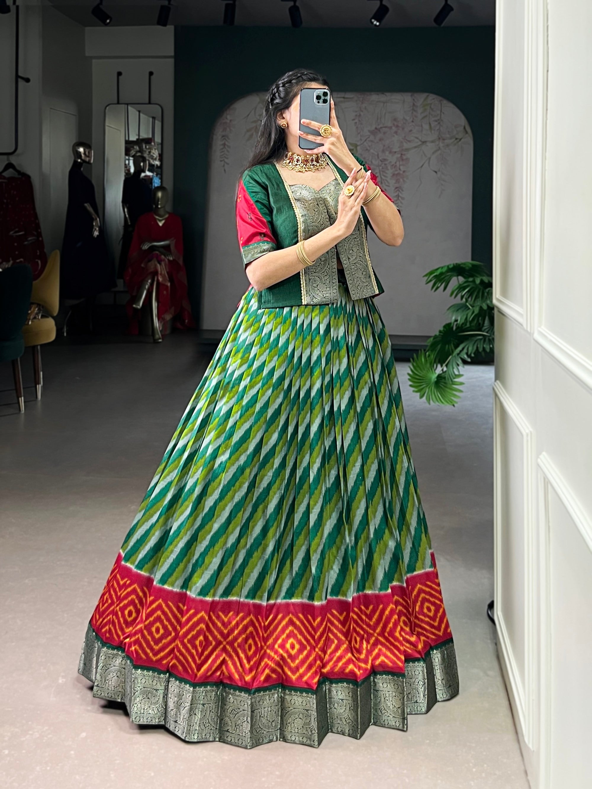 Lorenvalley Fashion Green Tasar Silk Leheriya Print With Zari Weaving Work Lehenga Choli