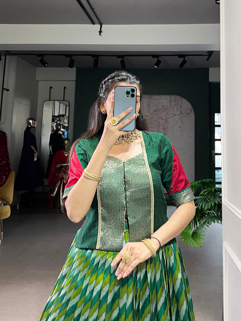 Lorenvalley Fashion Green Tasar Silk Leheriya Print With Zari Weaving Work Lehenga Choli