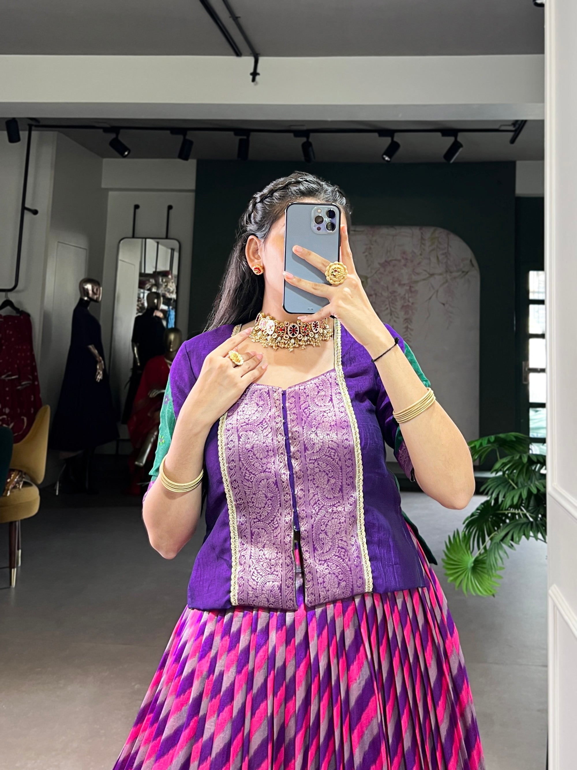 Lorenvalley Fashion Purple Tasar Silk Leheriya Print With Zari Weaving Work Lehenga Choli