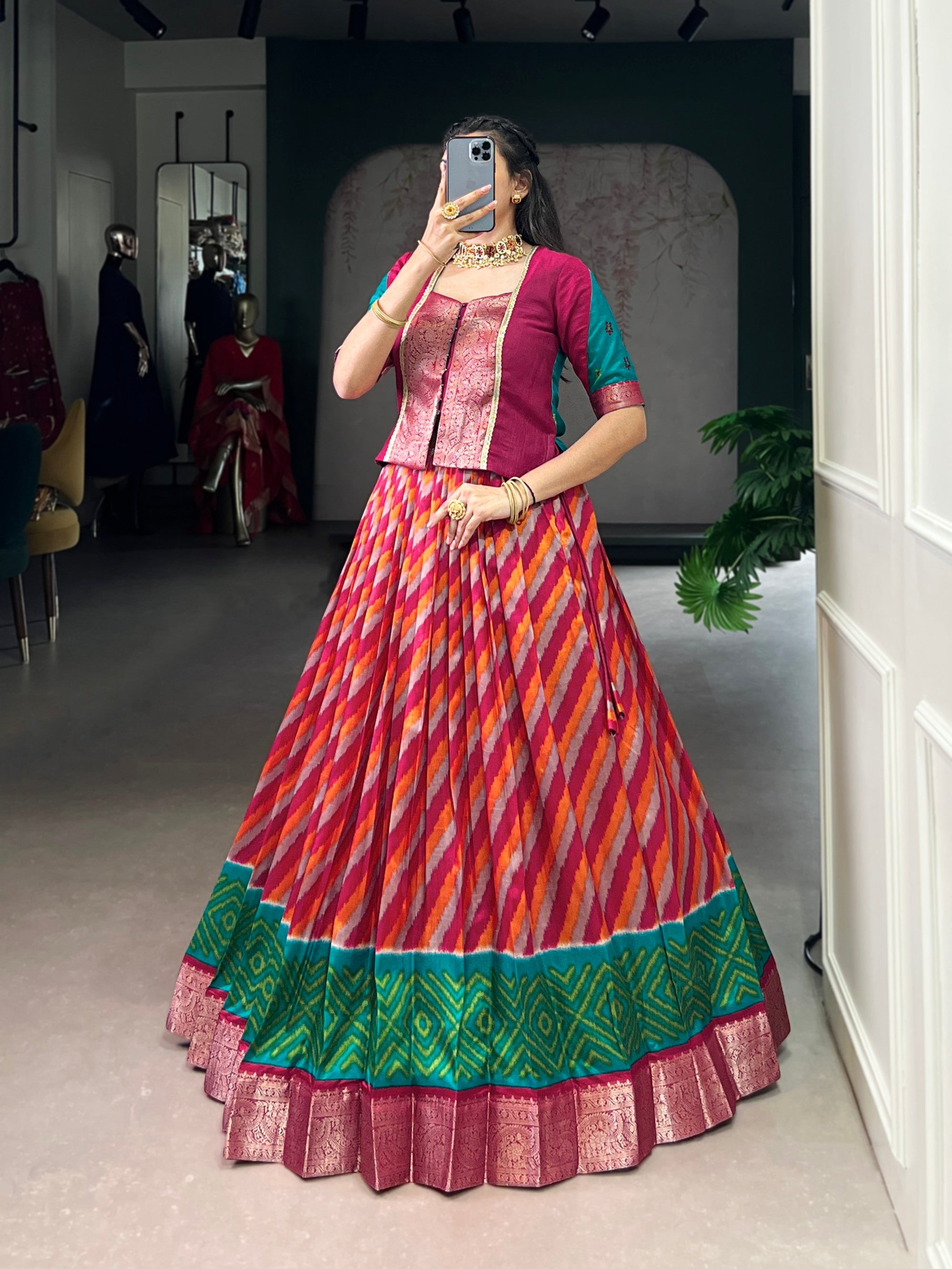Lorenvalley Fashion Red Tasar Silk Leheriya Print With Zari Weaving Work Lehenga Choli