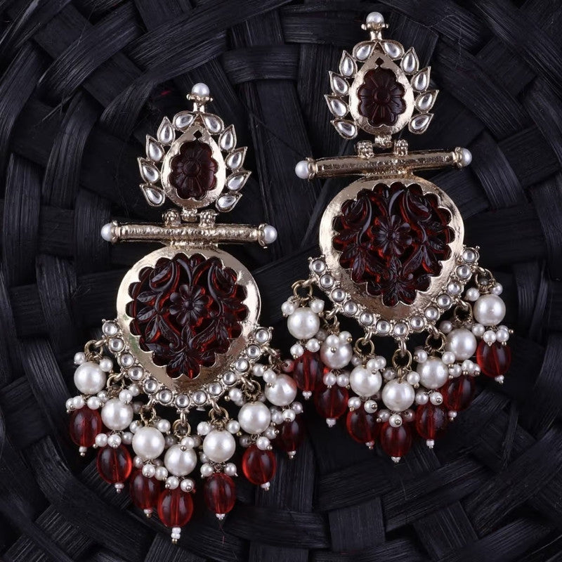 Tehzeeb Creations Latest Gold Polish Kundan & Pearl Studded Designer Drop Long Earrings For Women And Girls Maroon
