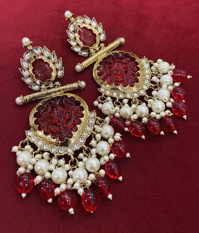 Tehzeeb Creations Latest Gold Polish Kundan & Pearl Studded Designer Drop Long Earrings For Women And Girls Maroon