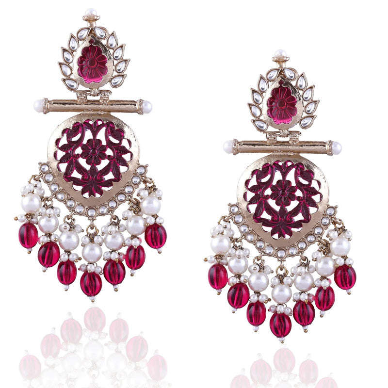 Tehzeeb Creations Latest Gold Polish Kundan & Pearl Studded Designer Drop Long Earrings For Women And Girls Maroon