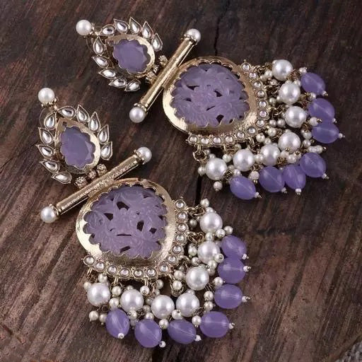 Tehzeeb Creations Latest Gold Polish Kundan & Pearl Studded Designer Drop Long Earrings For Women And Girls Lavender