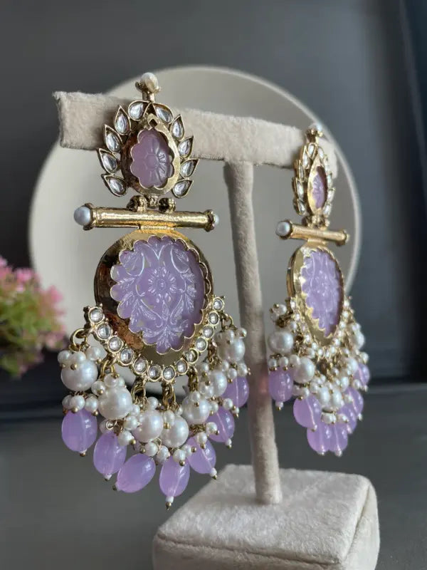 Tehzeeb Creations Latest Gold Polish Kundan & Pearl Studded Designer Drop Long Earrings For Women And Girls Lavender