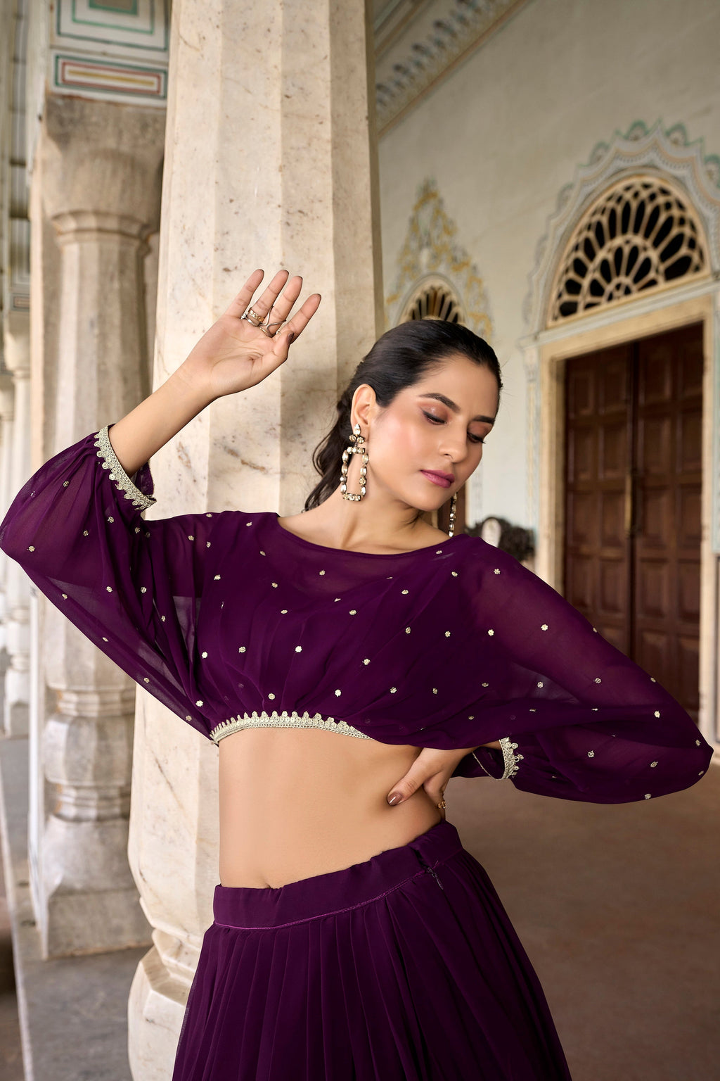 Lorenvalley Wine Georgette Sequins and Thread Embroidery work ethnic Co-ord Set