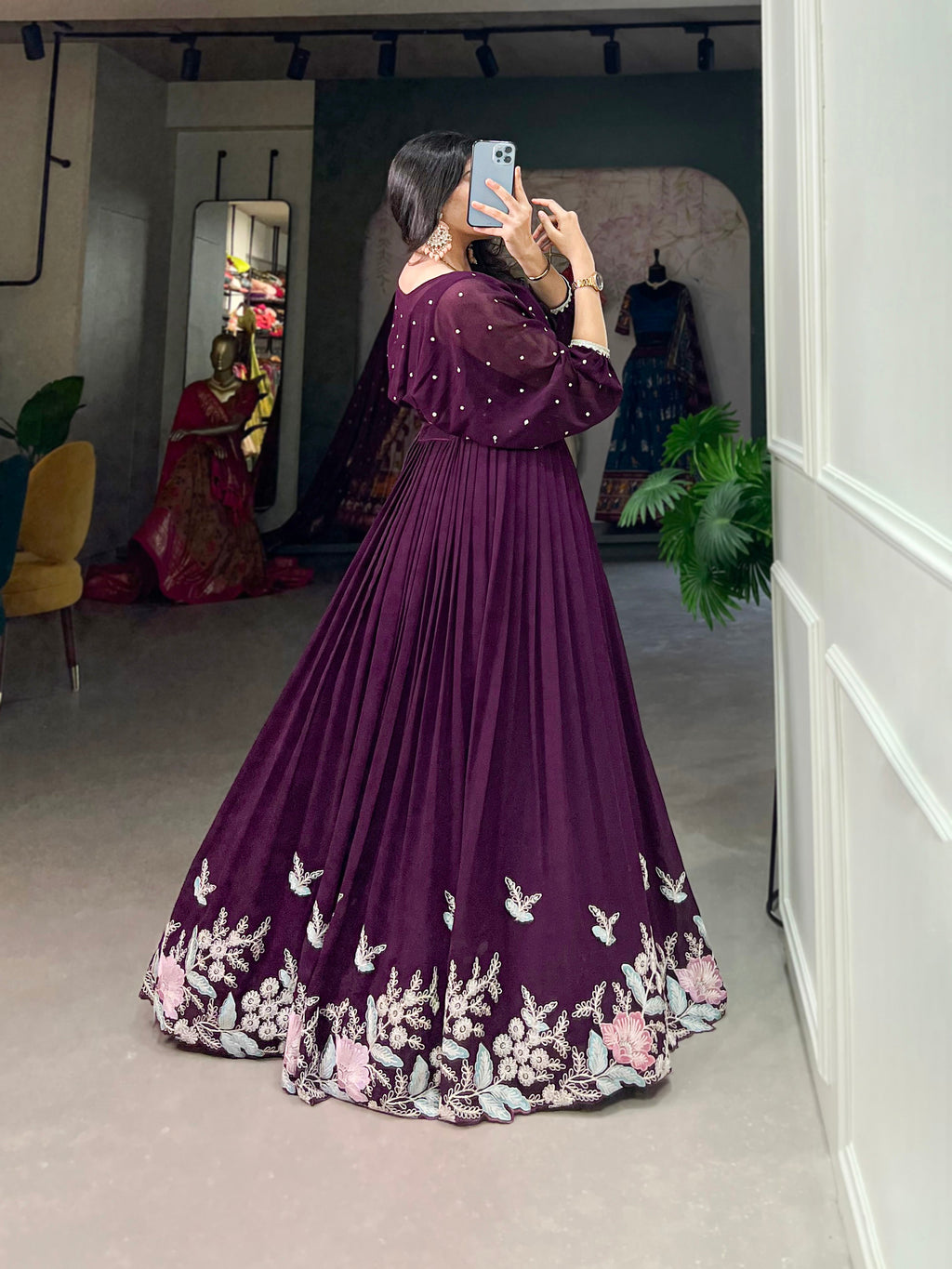 Lorenvalley Wine Georgette Sequins and Thread Embroidery work ethnic Co-ord Set