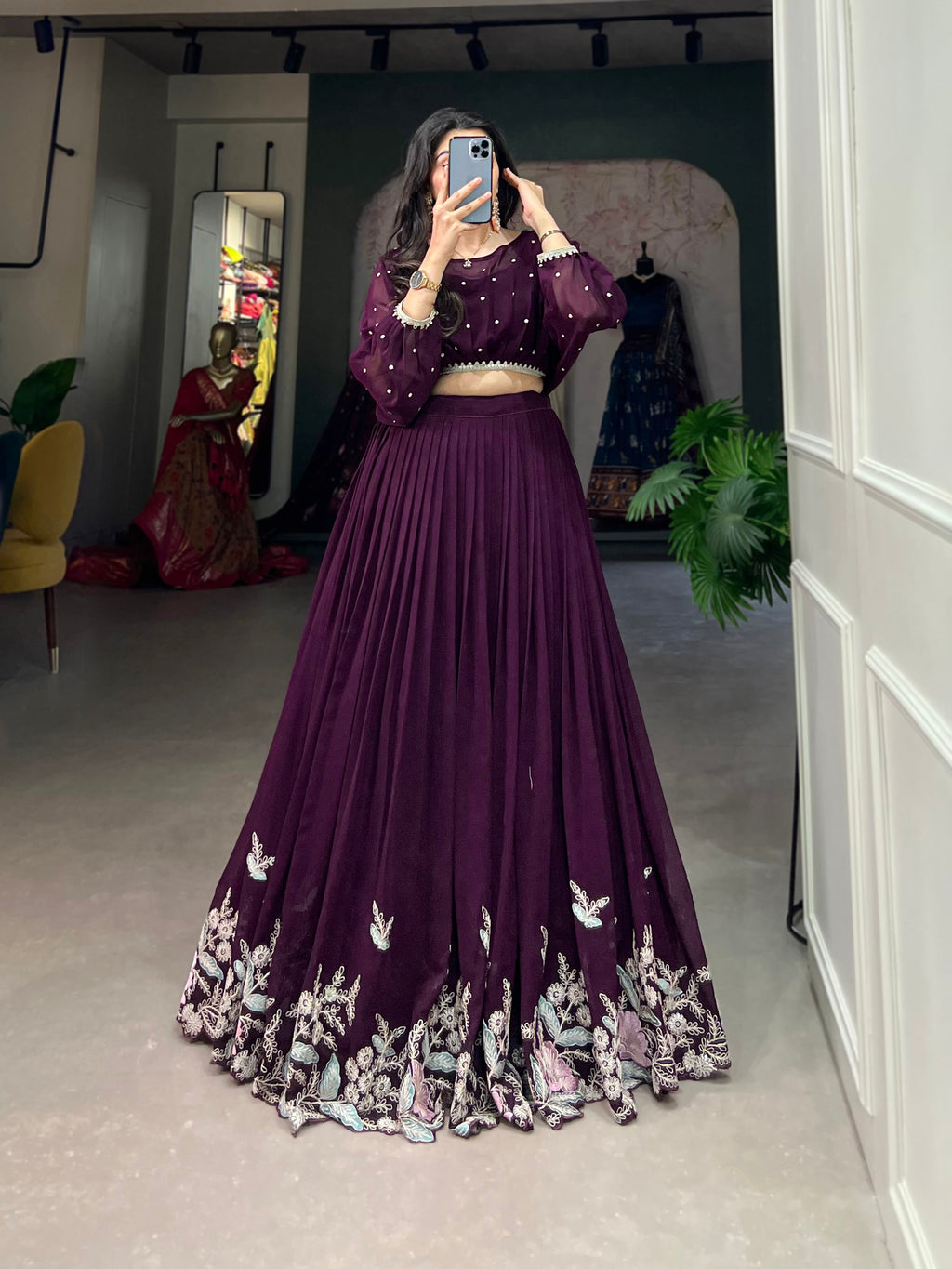 Lorenvalley Wine Georgette Sequins and Thread Embroidery work ethnic Co-ord Set