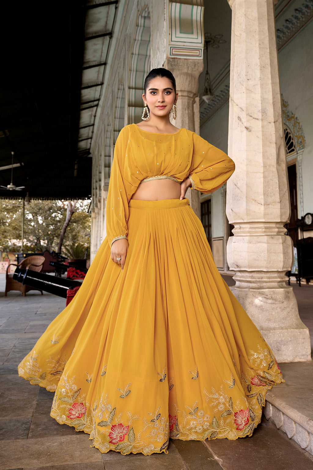 Lorenvalley Yellow Georgette Sequins and Thread Embroidery work ethnic Co-ord Set