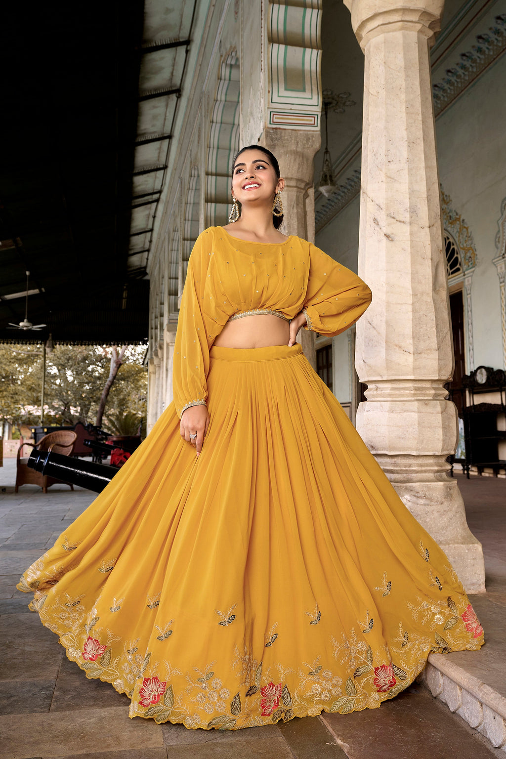Lorenvalley Yellow Georgette Sequins and Thread Embroidery work ethnic Co-ord Set