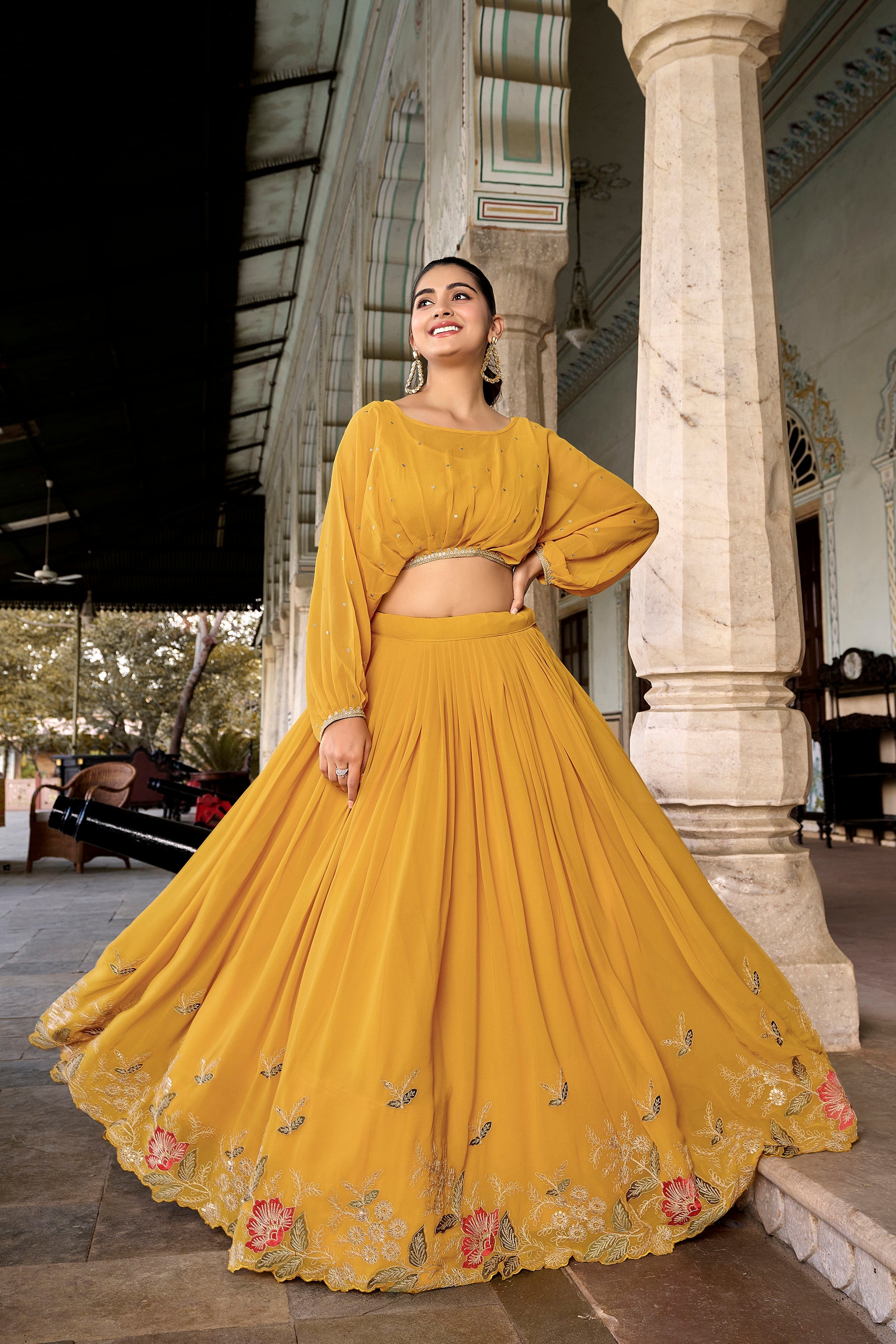 Lorenvalley Yellow Georgette Sequins and Thread Embroidery work ethnic Co-ord Set