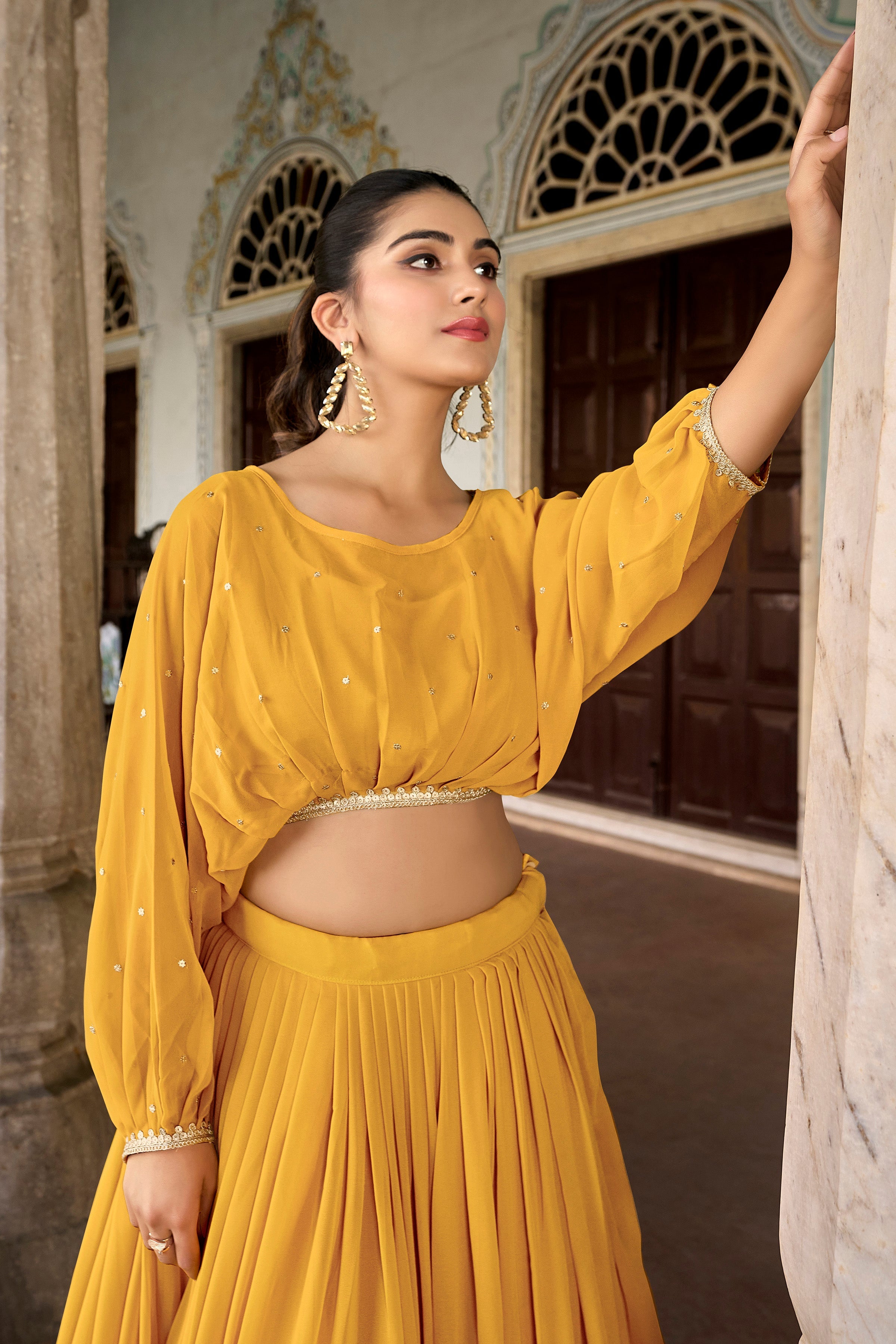 Lorenvalley Yellow Georgette Sequins and Thread Embroidery work ethnic Co-ord Set