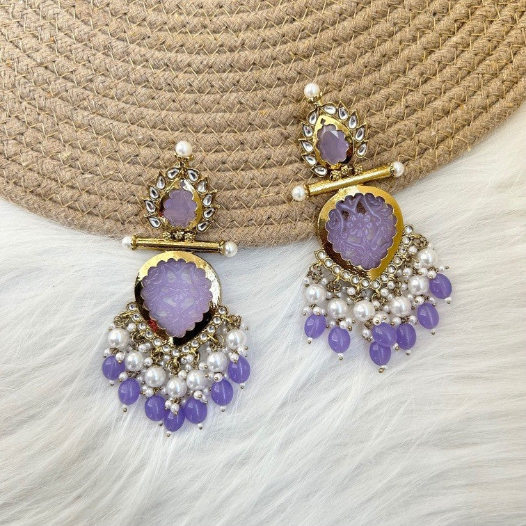 Tehzeeb Creations Latest Gold Polish Kundan & Pearl Studded Designer Drop Long Earrings For Women And Girls Lavender