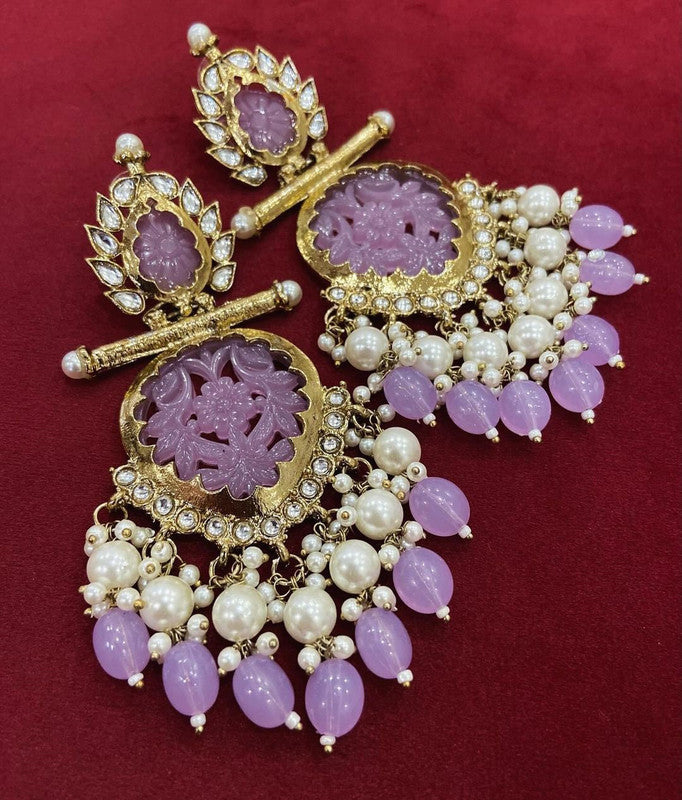 Tehzeeb Creations Latest Gold Polish Kundan & Pearl Studded Designer Drop Long Earrings For Women And Girls Lavender
