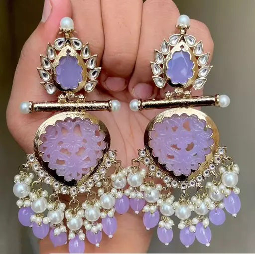 Tehzeeb Creations Latest Gold Polish Kundan & Pearl Studded Designer Drop Long Earrings For Women And Girls Lavender