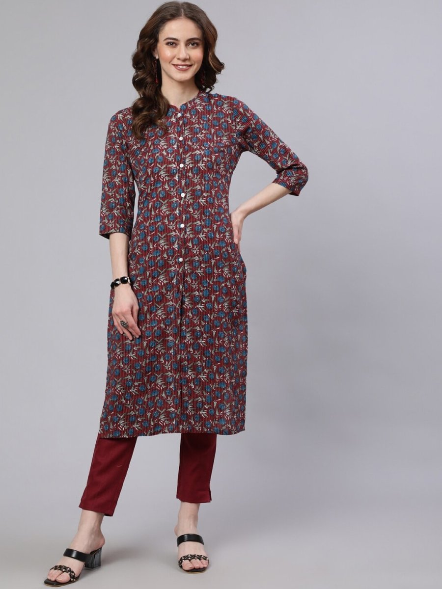 Aks Floral Printed Mandarin Collar Pure Cotton Kurta with Trousers