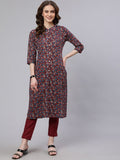 Aks Floral Printed Mandarin Collar Pure Cotton Kurta with Trousers